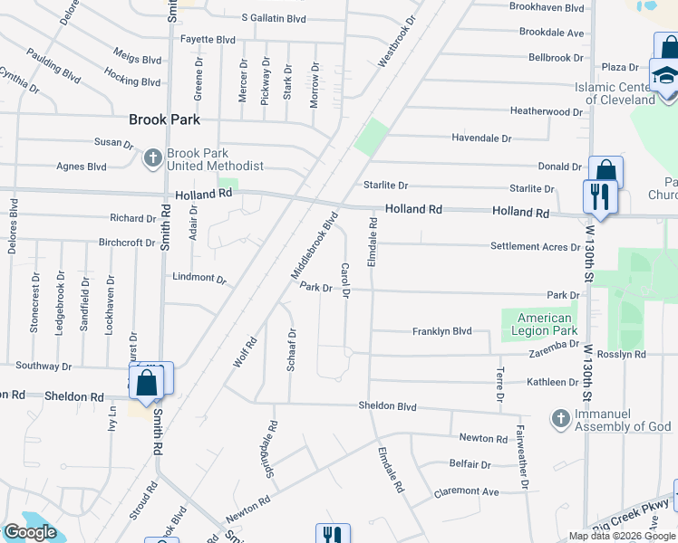 map of restaurants, bars, coffee shops, grocery stores, and more near 14288 Park Drive in Brook Park