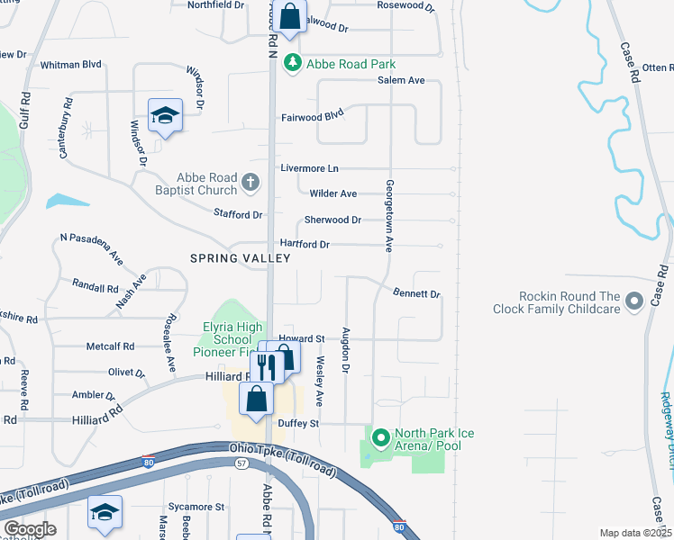 map of restaurants, bars, coffee shops, grocery stores, and more near 660 Augdon Drive in Elyria