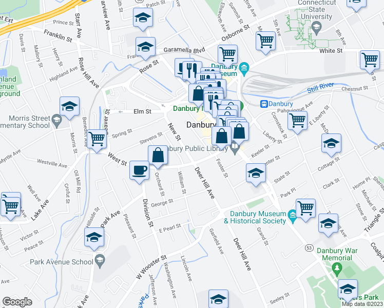 map of restaurants, bars, coffee shops, grocery stores, and more near 7 New Street in Danbury