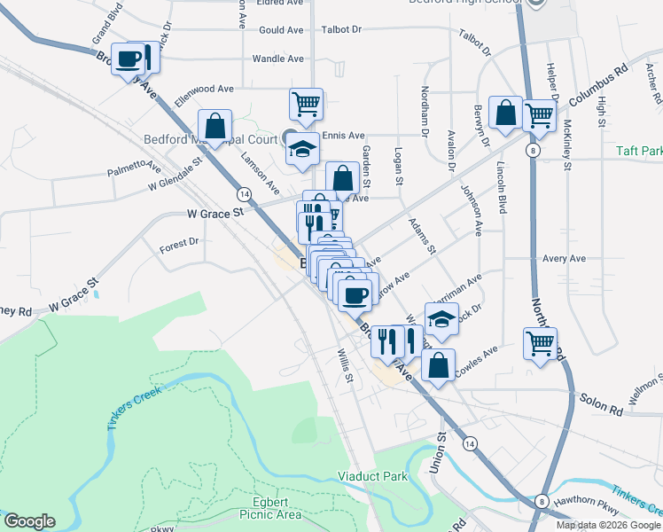 map of restaurants, bars, coffee shops, grocery stores, and more near 25 Tarbell Avenue in Bedford