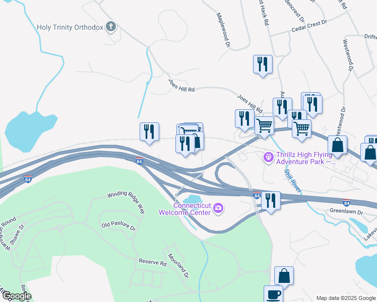 map of restaurants, bars, coffee shops, grocery stores, and more near 113 Mill Plain Road in Danbury