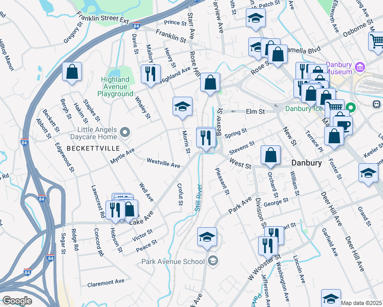 map of restaurants, bars, coffee shops, grocery stores, and more near 152 West Street in Danbury