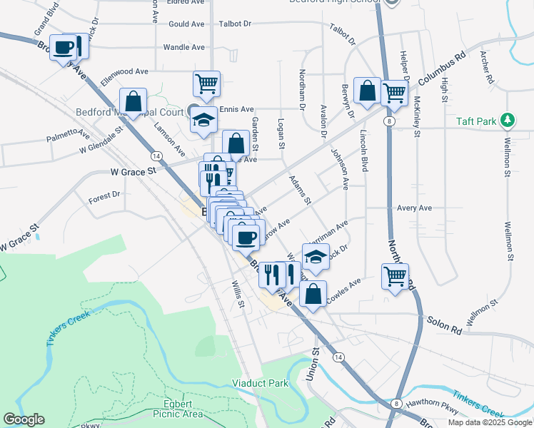 map of restaurants, bars, coffee shops, grocery stores, and more near 690 Washington Street in Bedford Heights