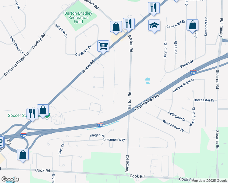 map of restaurants, bars, coffee shops, grocery stores, and more near 6779 Charles Road in North Olmsted