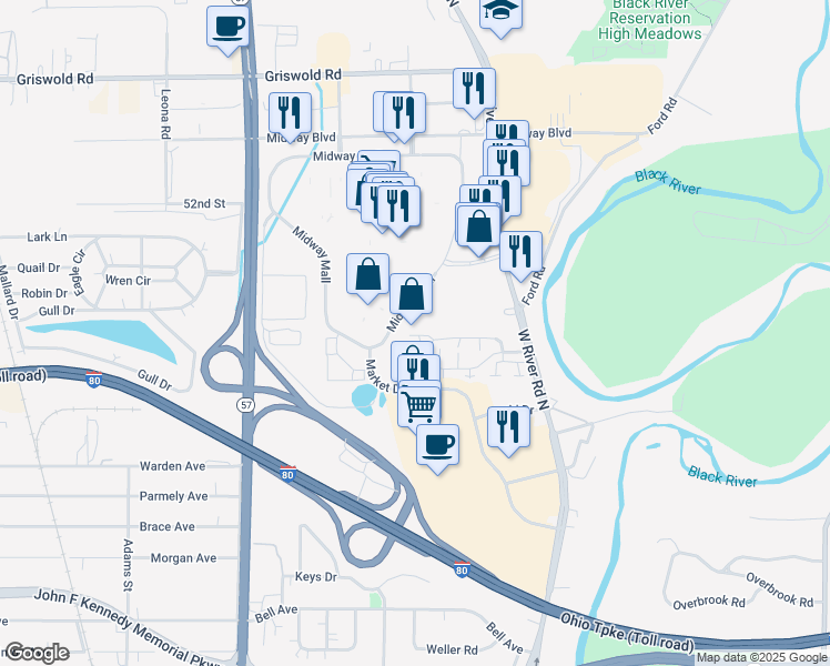map of restaurants, bars, coffee shops, grocery stores, and more near 128 Fox Hill Lane in Elyria
