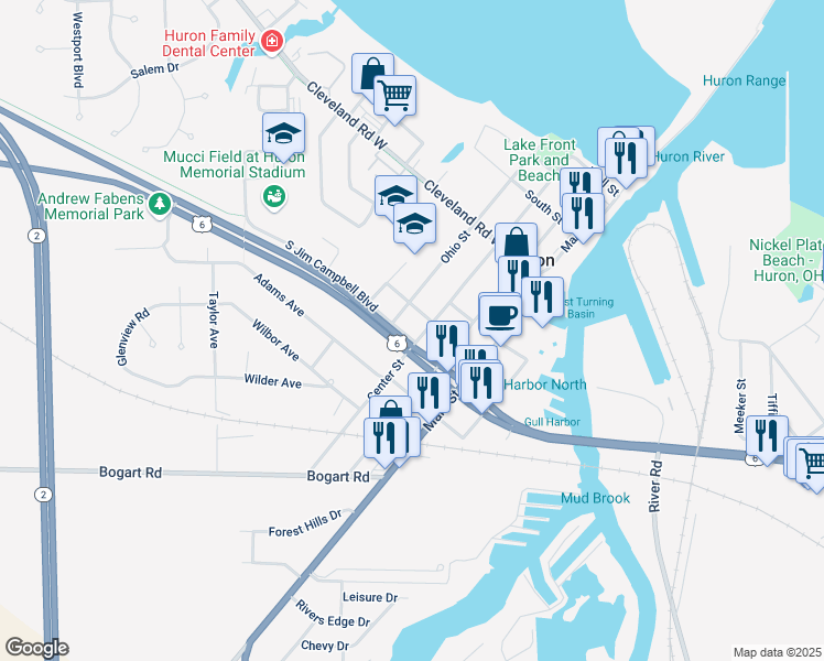 map of restaurants, bars, coffee shops, grocery stores, and more near 510 Center Street in Huron