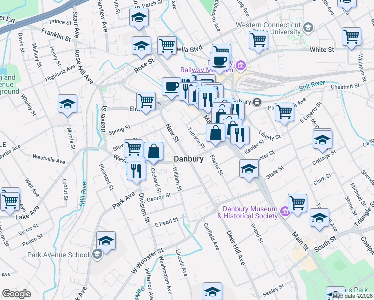 map of restaurants, bars, coffee shops, grocery stores, and more near 7 New Street in Danbury
