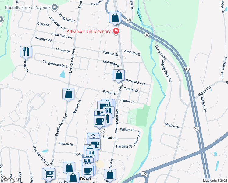 map of restaurants, bars, coffee shops, grocery stores, and more near 117 Linden Avenue in Hamden