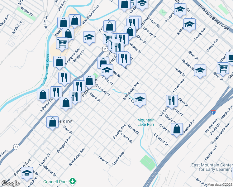 map of restaurants, bars, coffee shops, grocery stores, and more near 635 East Locust Street in Scranton