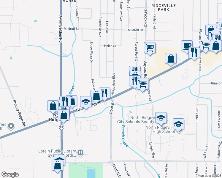 map of restaurants, bars, coffee shops, grocery stores, and more near 35338 Center Ridge Road in North Ridgeville
