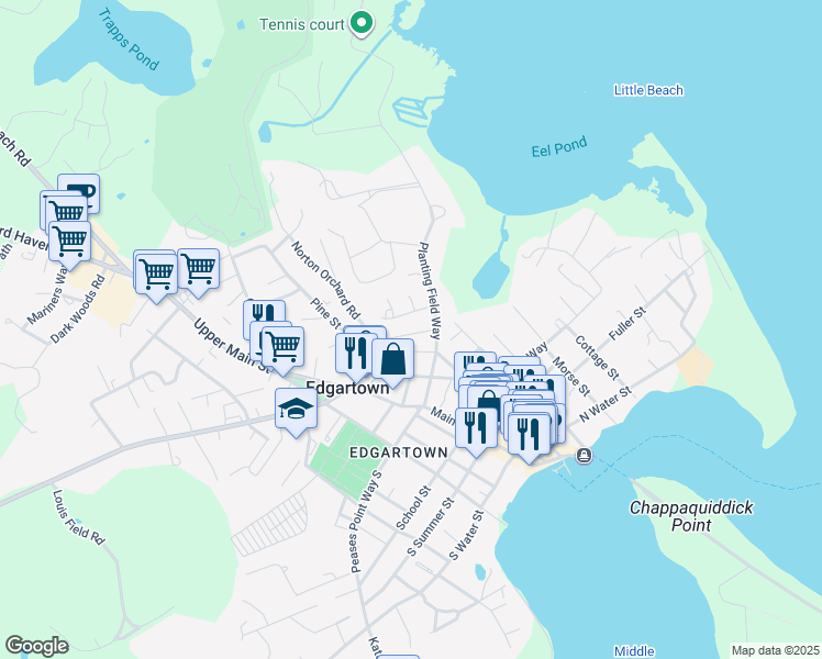 map of restaurants, bars, coffee shops, grocery stores, and more near 45 Mill Street in Edgartown