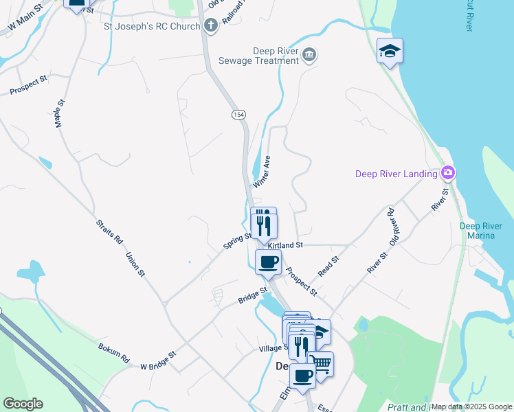 map of restaurants, bars, coffee shops, grocery stores, and more near 61 Main Street in Deep River