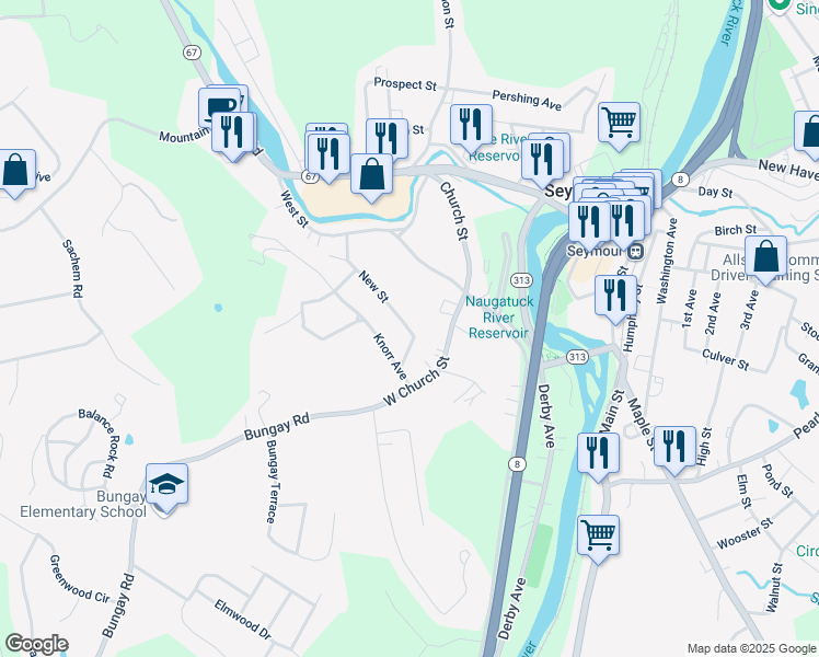 map of restaurants, bars, coffee shops, grocery stores, and more near 6 Hill Street in Seymour