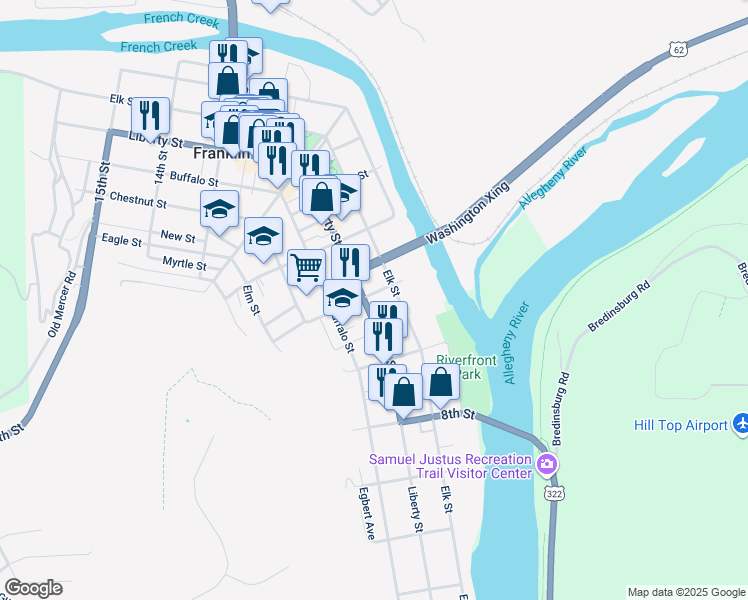 map of restaurants, bars, coffee shops, grocery stores, and more near 941 Liberty Street in Franklin