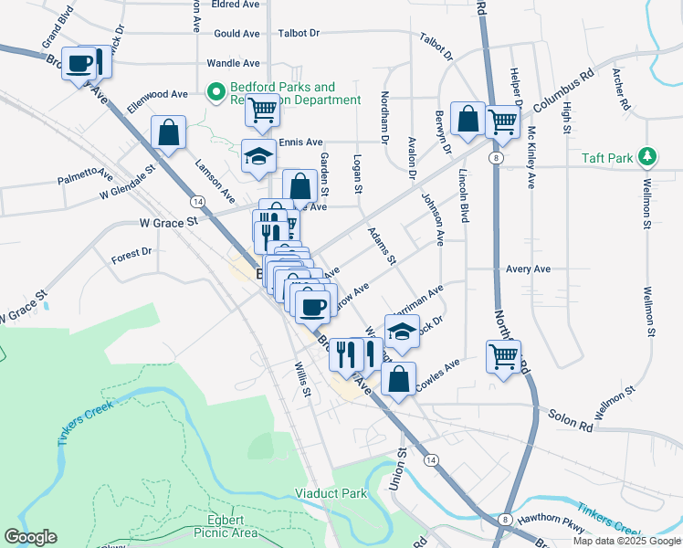map of restaurants, bars, coffee shops, grocery stores, and more near 690 Washington Street in Bedford Heights
