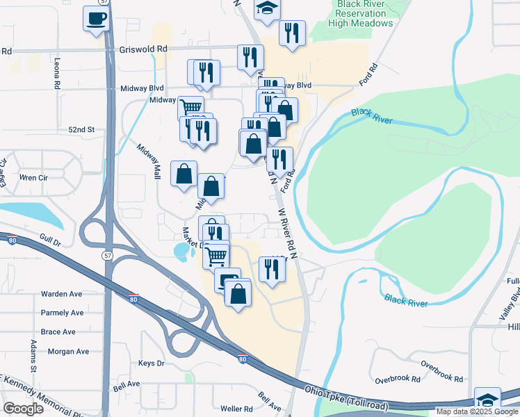 map of restaurants, bars, coffee shops, grocery stores, and more near 115 Fox Hill Lane in Elyria