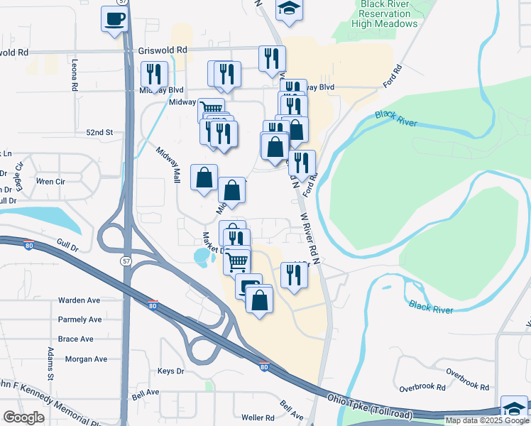 map of restaurants, bars, coffee shops, grocery stores, and more near 1444 West River Road North in Elyria
