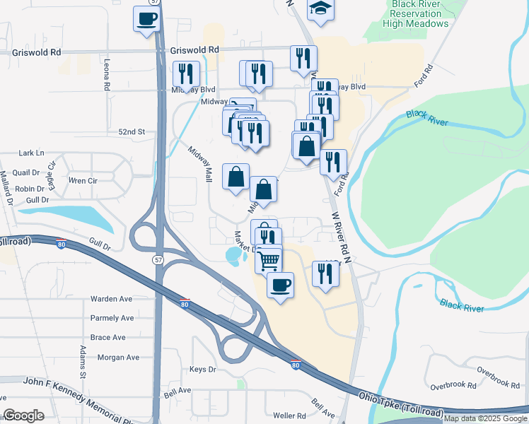 map of restaurants, bars, coffee shops, grocery stores, and more near 128 Fox Hill Lane in Elyria