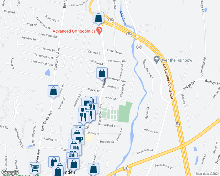 map of restaurants, bars, coffee shops, grocery stores, and more near 25 Carmel Street in Hamden