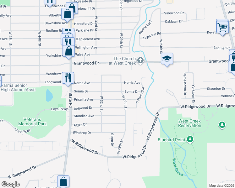 map of restaurants, bars, coffee shops, grocery stores, and more near 2914 Priscilla Avenue in Parma