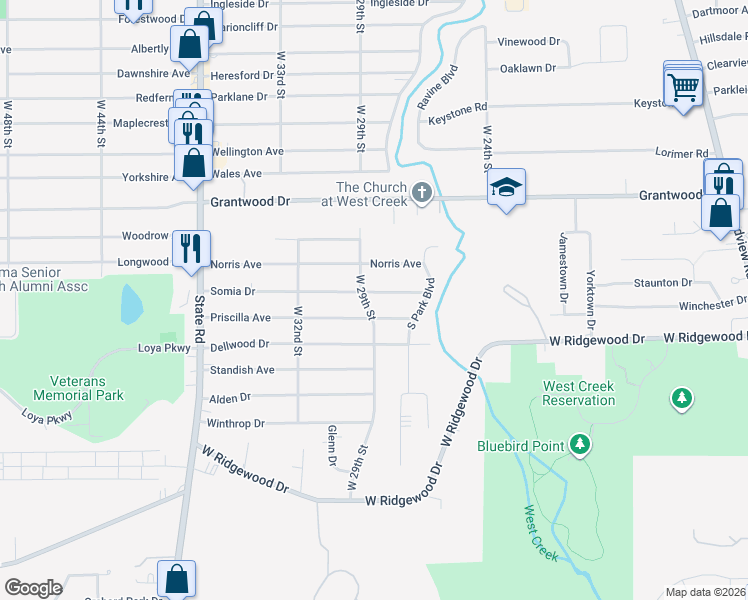 map of restaurants, bars, coffee shops, grocery stores, and more near 2914 Priscilla Avenue in Parma