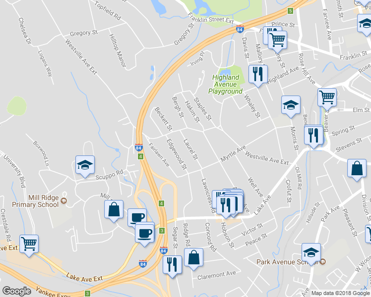 map of restaurants, bars, coffee shops, grocery stores, and more near 20 Laurel Street in Danbury