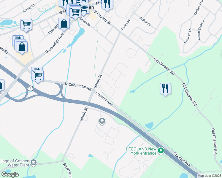 map of restaurants, bars, coffee shops, grocery stores, and more near 27 Butler Drive in Goshen