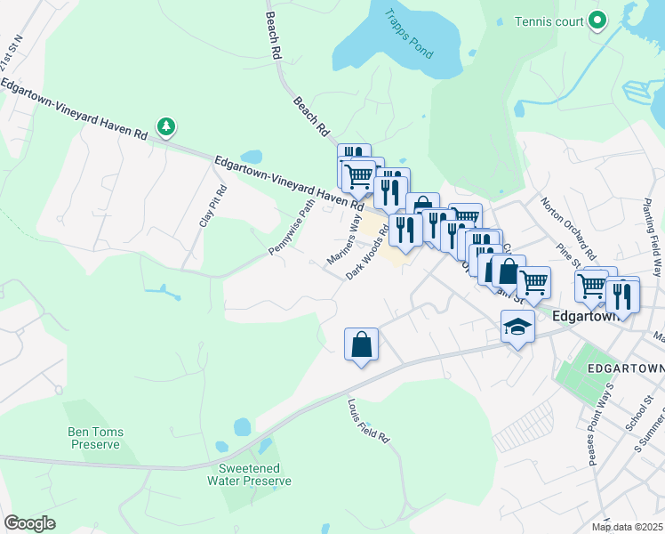 map of restaurants, bars, coffee shops, grocery stores, and more near 25 Dark Woods Road in Edgartown