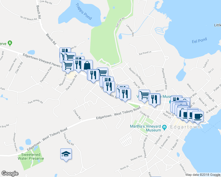 map of restaurants, bars, coffee shops, grocery stores, and more near 186 Upper Main Street in Edgartown