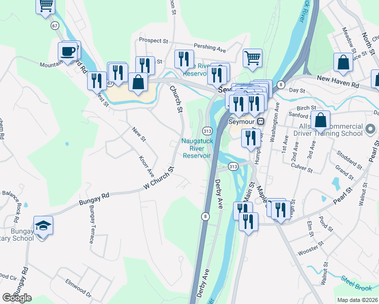 map of restaurants, bars, coffee shops, grocery stores, and more near 12 Cedar Street in Seymour