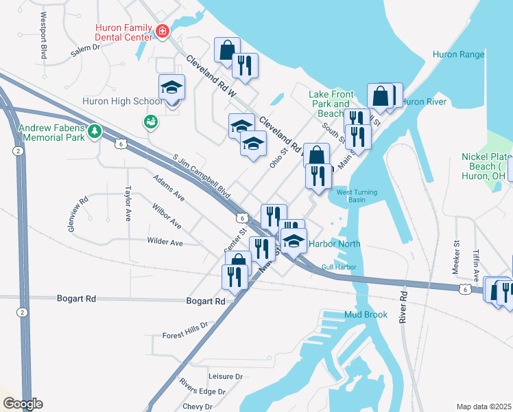map of restaurants, bars, coffee shops, grocery stores, and more near 510 Center Street in Huron
