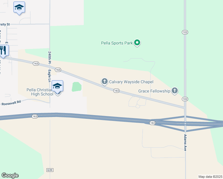 map of restaurants, bars, coffee shops, grocery stores, and more near 2447 Old State Highway 163 in Pella