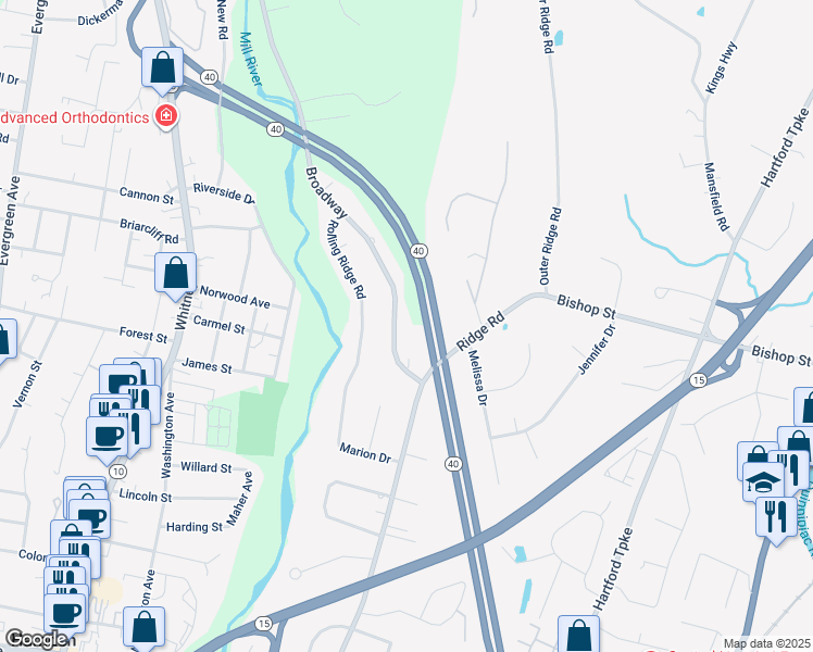 map of restaurants, bars, coffee shops, grocery stores, and more near 2 Davis Road in North Haven