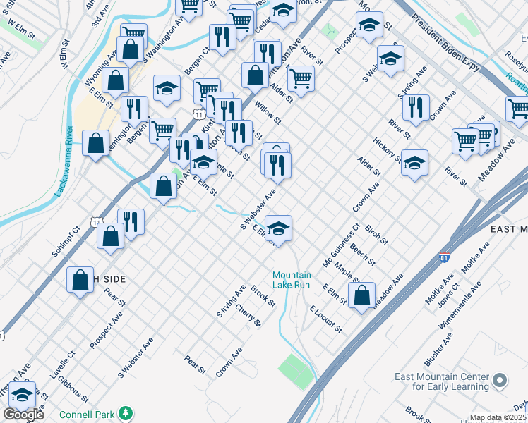 map of restaurants, bars, coffee shops, grocery stores, and more near 738 Maple Street in Scranton