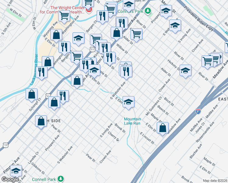 map of restaurants, bars, coffee shops, grocery stores, and more near 702 East Elm Street in Scranton