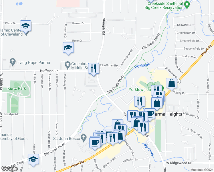 map of restaurants, bars, coffee shops, grocery stores, and more near 6327 Stumph Road in Parma Heights