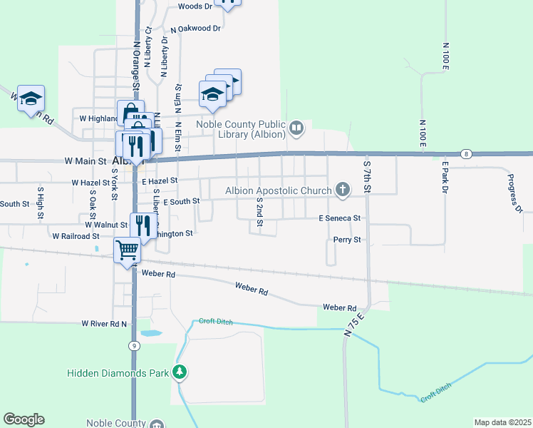 map of restaurants, bars, coffee shops, grocery stores, and more near Perry Street in Albion