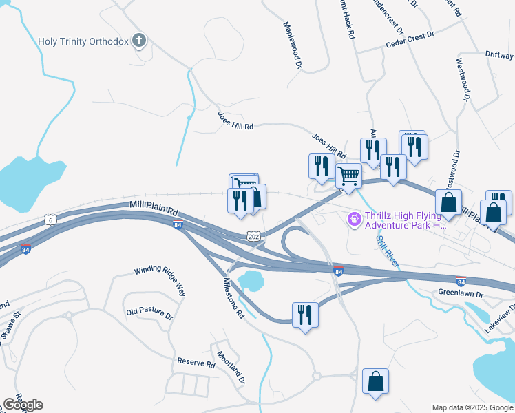 map of restaurants, bars, coffee shops, grocery stores, and more near 113 Mill Plain Road in Danbury