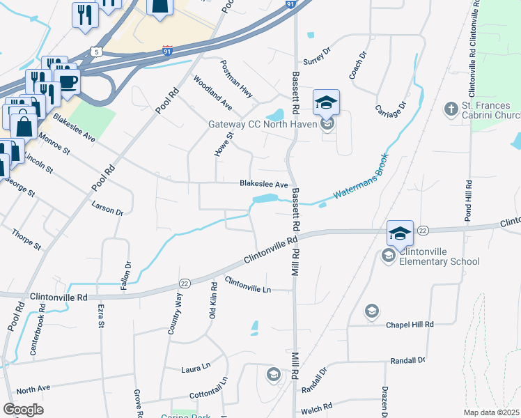 map of restaurants, bars, coffee shops, grocery stores, and more near 15 Bassett Road in North Haven