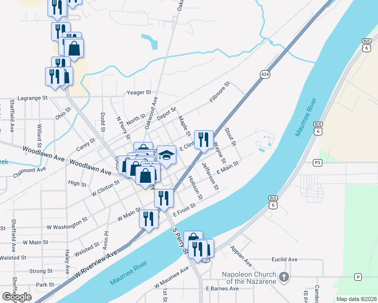 map of restaurants, bars, coffee shops, grocery stores, and more near 302 E Washington St in Napoleon