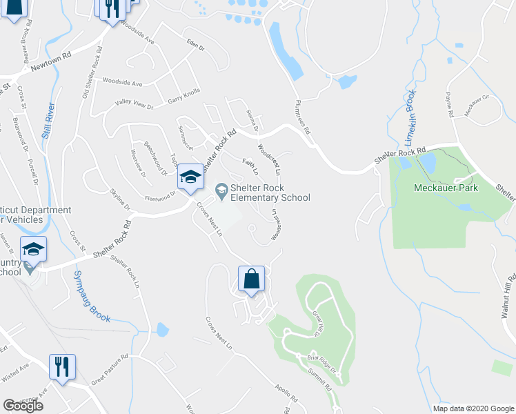 map of restaurants, bars, coffee shops, grocery stores, and more near Maura Lane in Danbury