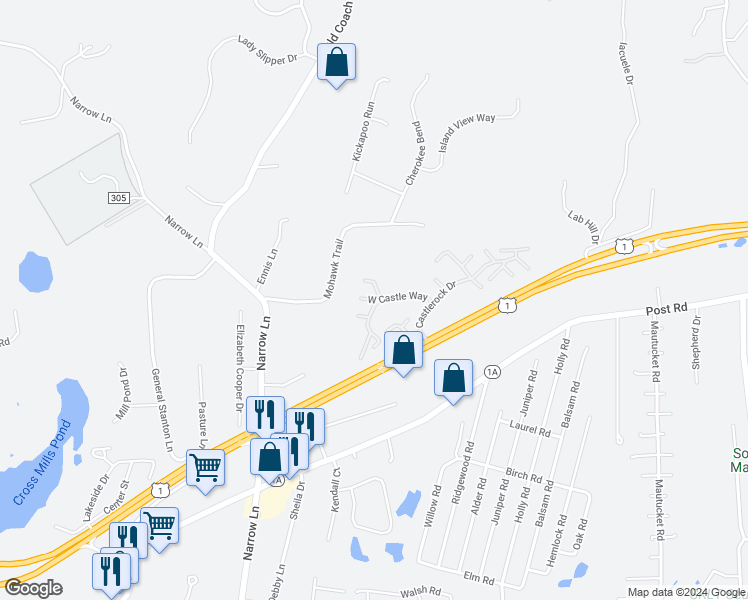 map of restaurants, bars, coffee shops, grocery stores, and more near 28 West Castle Way in Charlestown