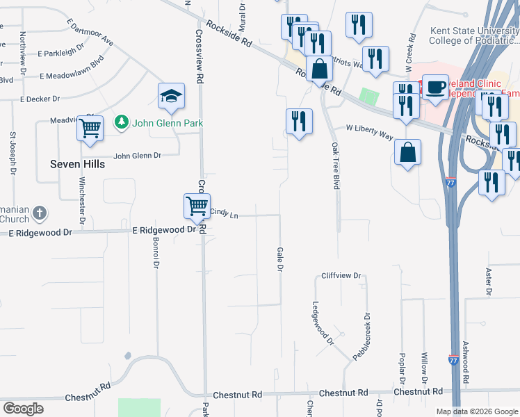 map of restaurants, bars, coffee shops, grocery stores, and more near 6224 Gale Drive in Seven Hills