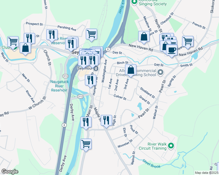 map of restaurants, bars, coffee shops, grocery stores, and more near 121 1st Avenue in Seymour