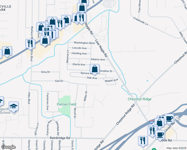 map of restaurants, bars, coffee shops, grocery stores, and more near 6610 Lear Nagle Road in North Ridgeville