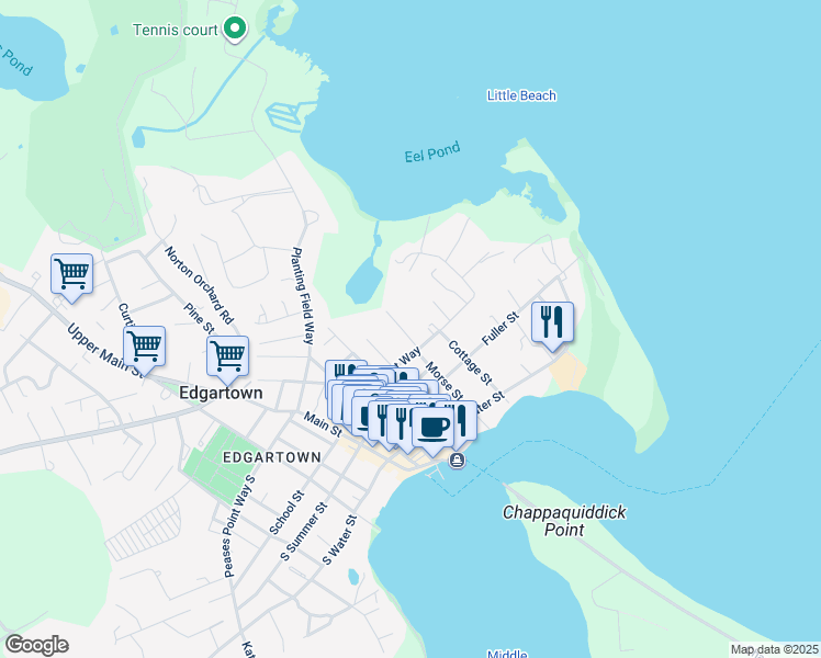 map of restaurants, bars, coffee shops, grocery stores, and more near 46 Braleys Way in Edgartown