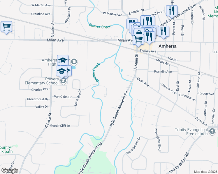 map of restaurants, bars, coffee shops, grocery stores, and more near 848 Shadow Creek Trail in Amherst