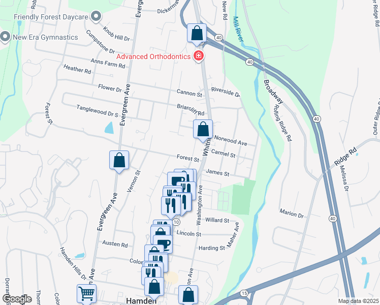 map of restaurants, bars, coffee shops, grocery stores, and more near 126 Linden Avenue in Hamden