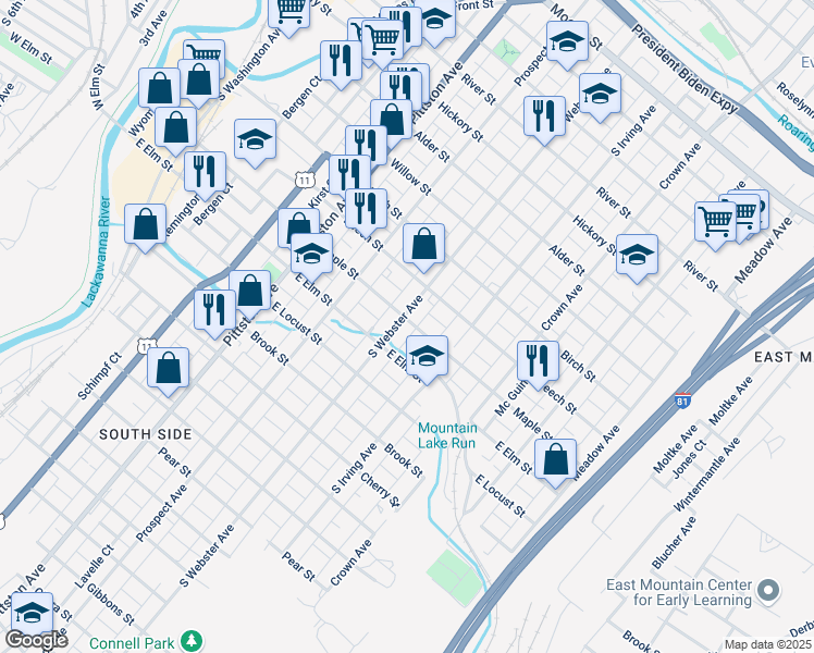 map of restaurants, bars, coffee shops, grocery stores, and more near 913 South Webster Avenue in Scranton
