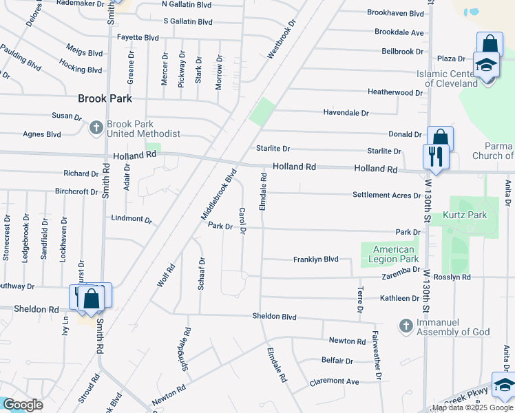 map of restaurants, bars, coffee shops, grocery stores, and more near 6156 Elmdale Road in Brook Park